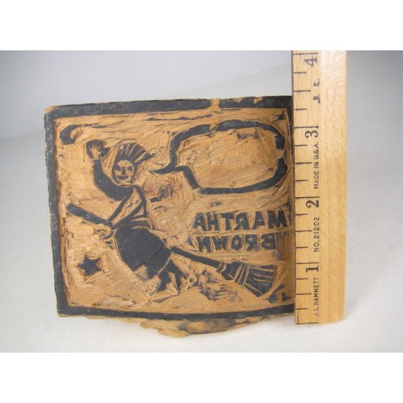 Martha Brown Vintage Hand Carved Wood Print Block Stamp Witch Broom Halloween - Picture 3 of 8